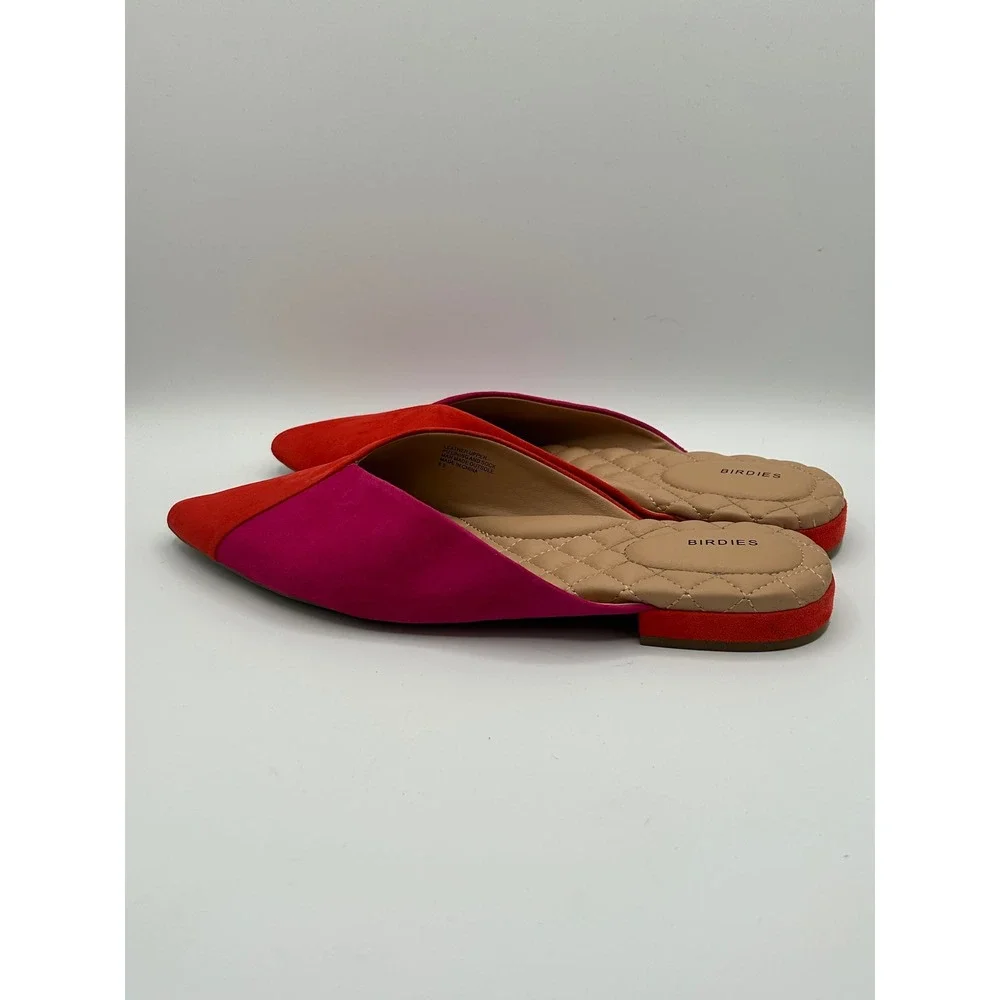 Birdies The Swan Mules Women Sz 8.5 Red Pink Suede Colorblock Pointed Toe Flats